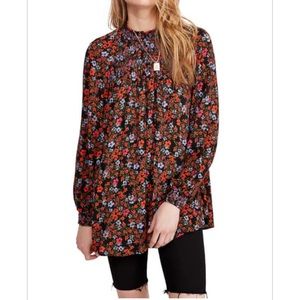 Free People Black Floral Tunic with Red and Purple Flowers